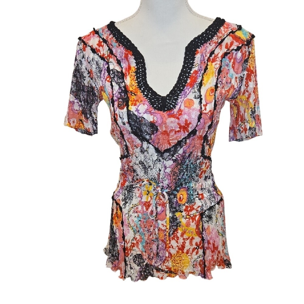 Alberto Makali Y2K‎ Euro Fairy Multicolor Crochet Top Blouse Short Sleeve Medium